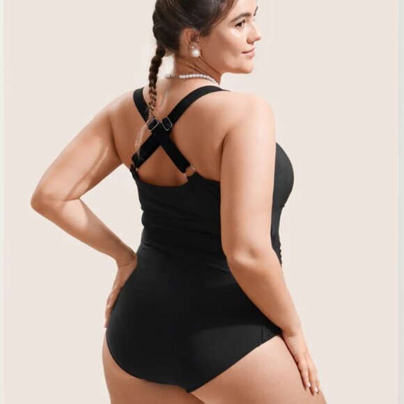BloomChic Plus Size Solid Gathered Crisscross One-Pice Bathing Suits - Picture 2 of 6